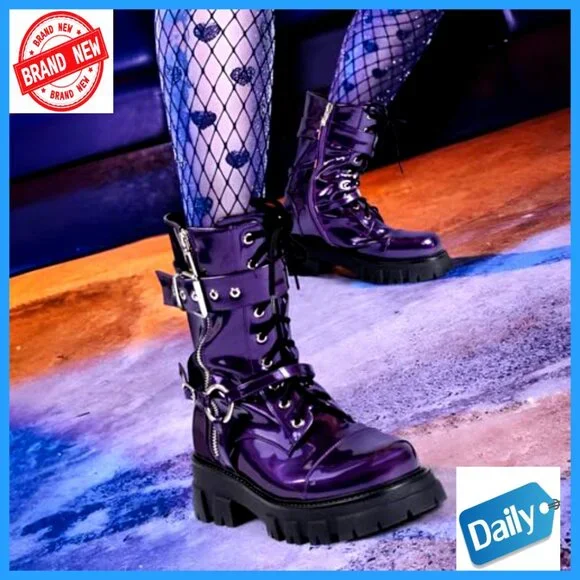 Women's Motorcycle Biker Boots Mid-Calf Combat Steampunk Chunky Heel Lug Sole - Picture 6 of 7